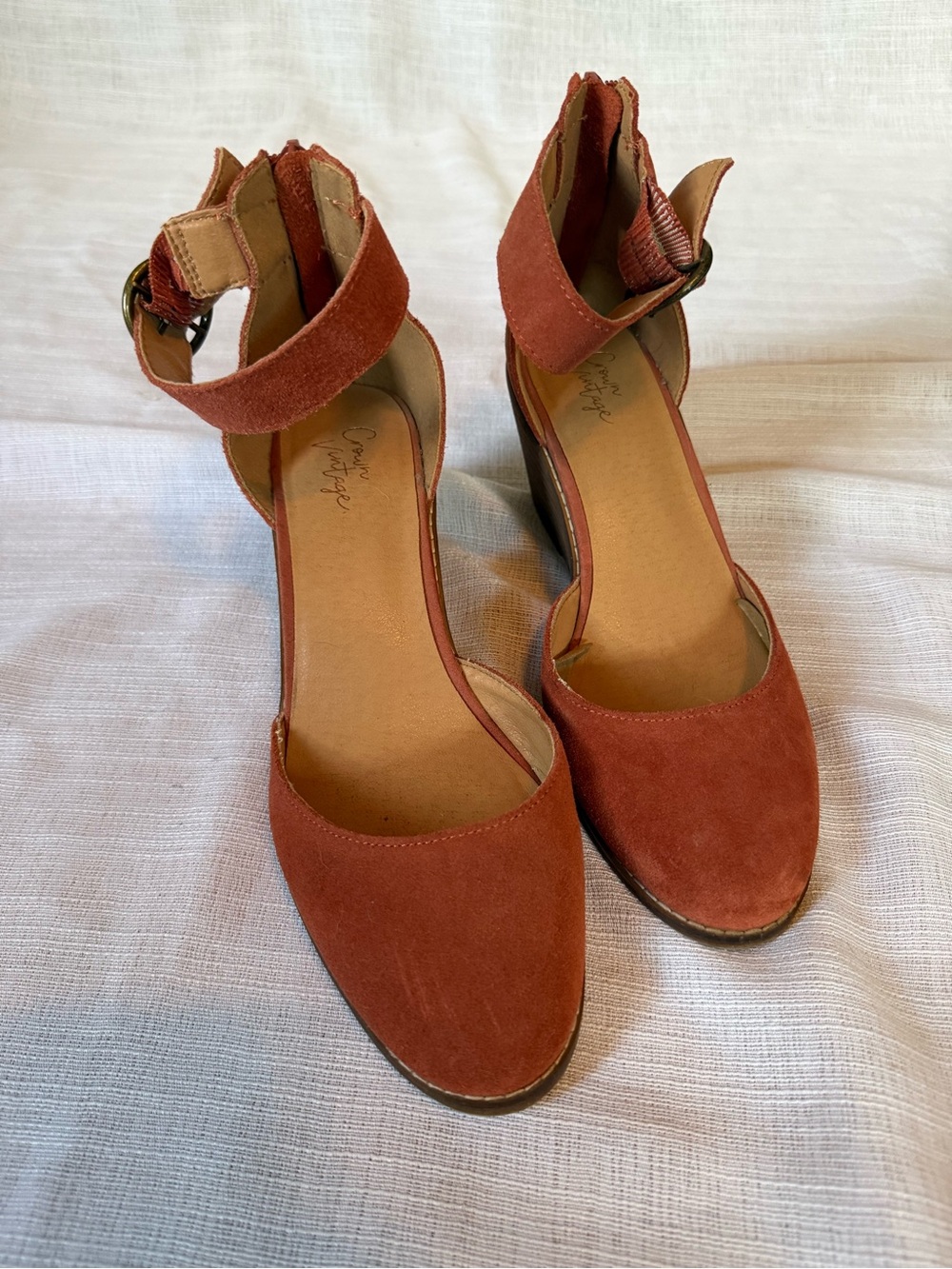 Crown Vintage Ankle-Strap Suede Pumps in Rust Orange